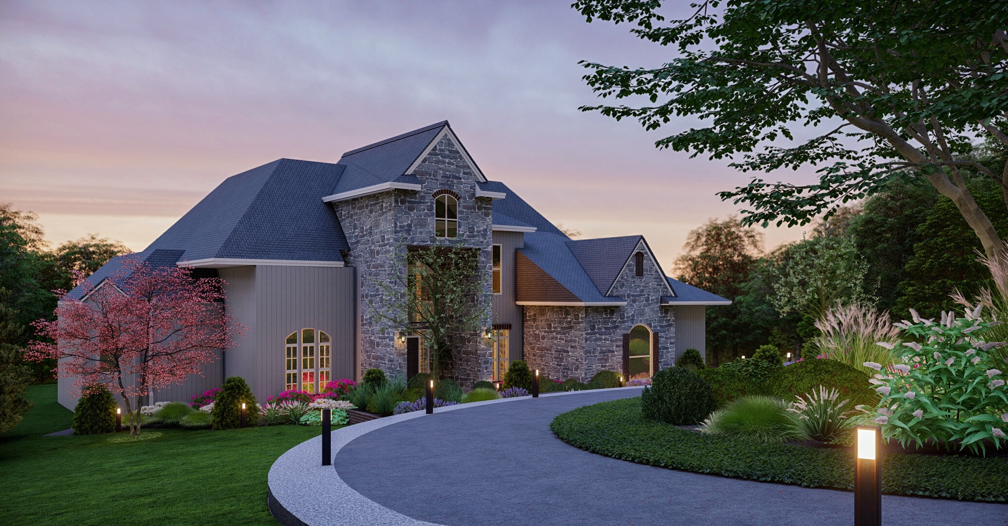 3D Rendered Image of Front Yard Transformation with Circular Driveway, Abundant Greenery, and Exterior Lighting