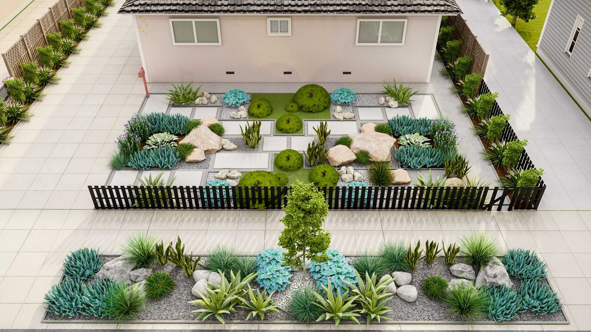 3D Rendered Image of a Small Front Yard Design in Burlington with No Grass and Low Maintenance Plants