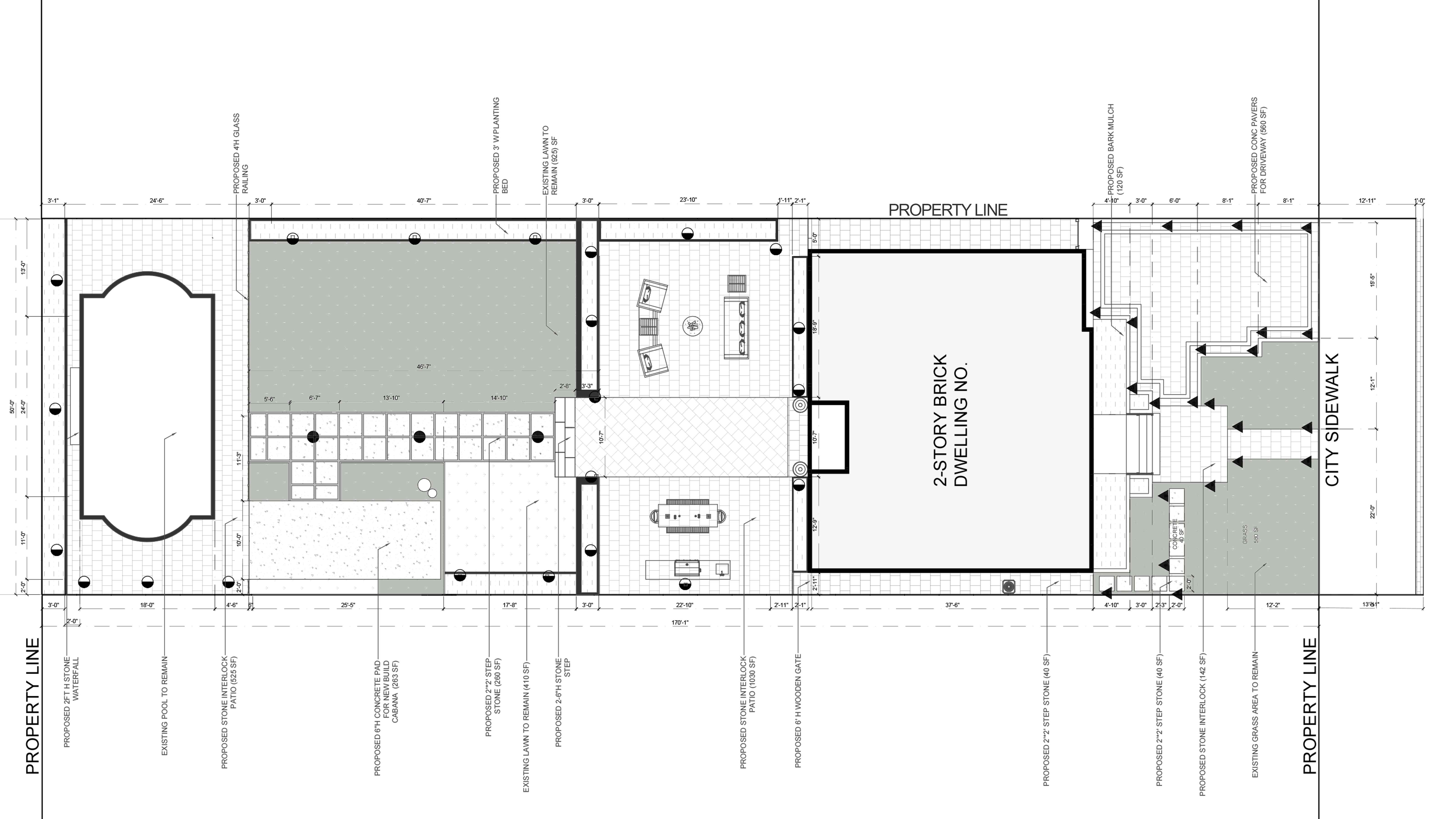 Architectural site plan of a property showing various sections including an open space area, rooms with furniture, a large swimming pool, walkways, and measurements.
