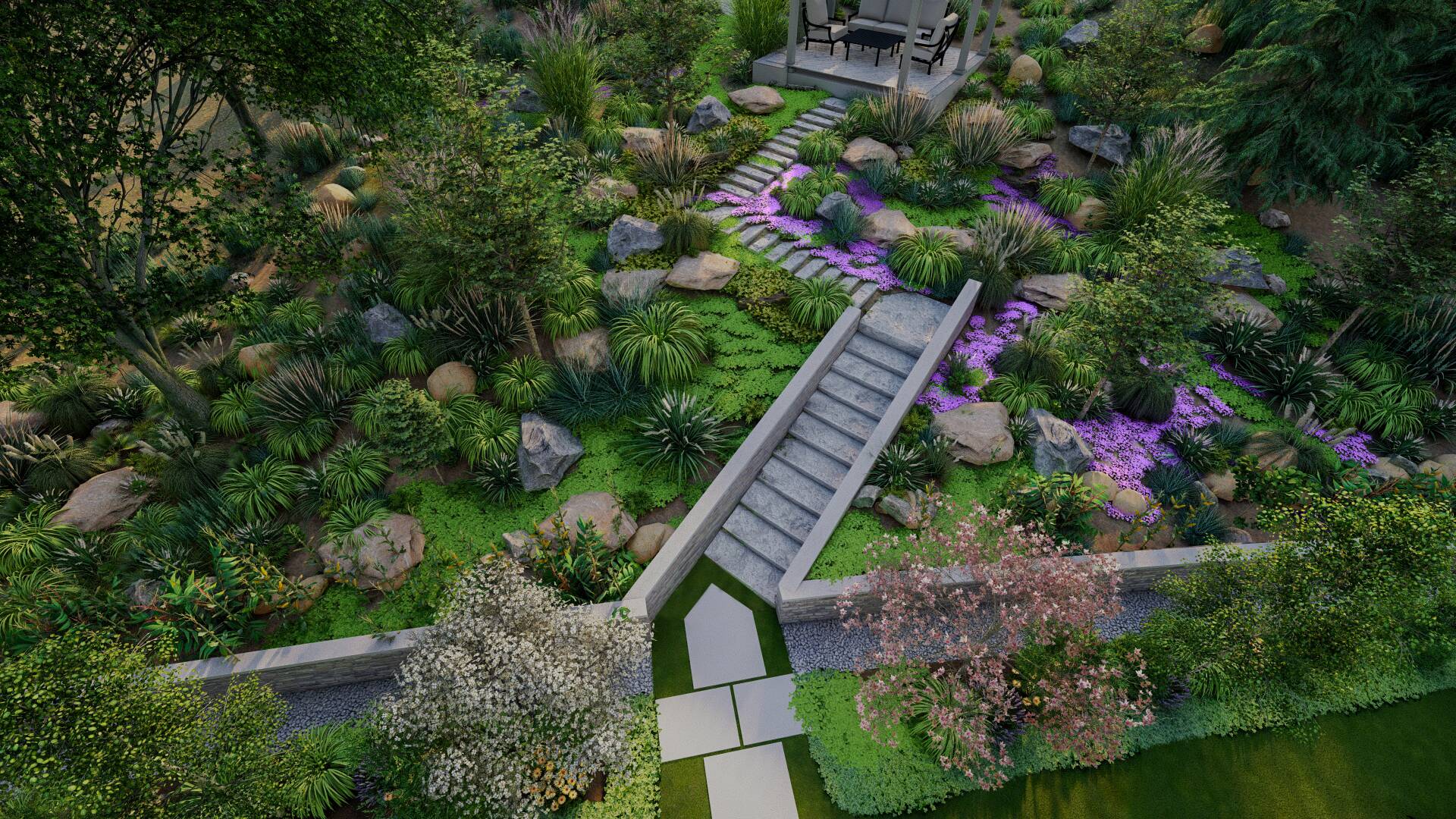 Bird's-eye view of a terraced garden landscape with stone steps, a variety of green plants, blooming purple flowers, boulders, and a shaded seating area.
