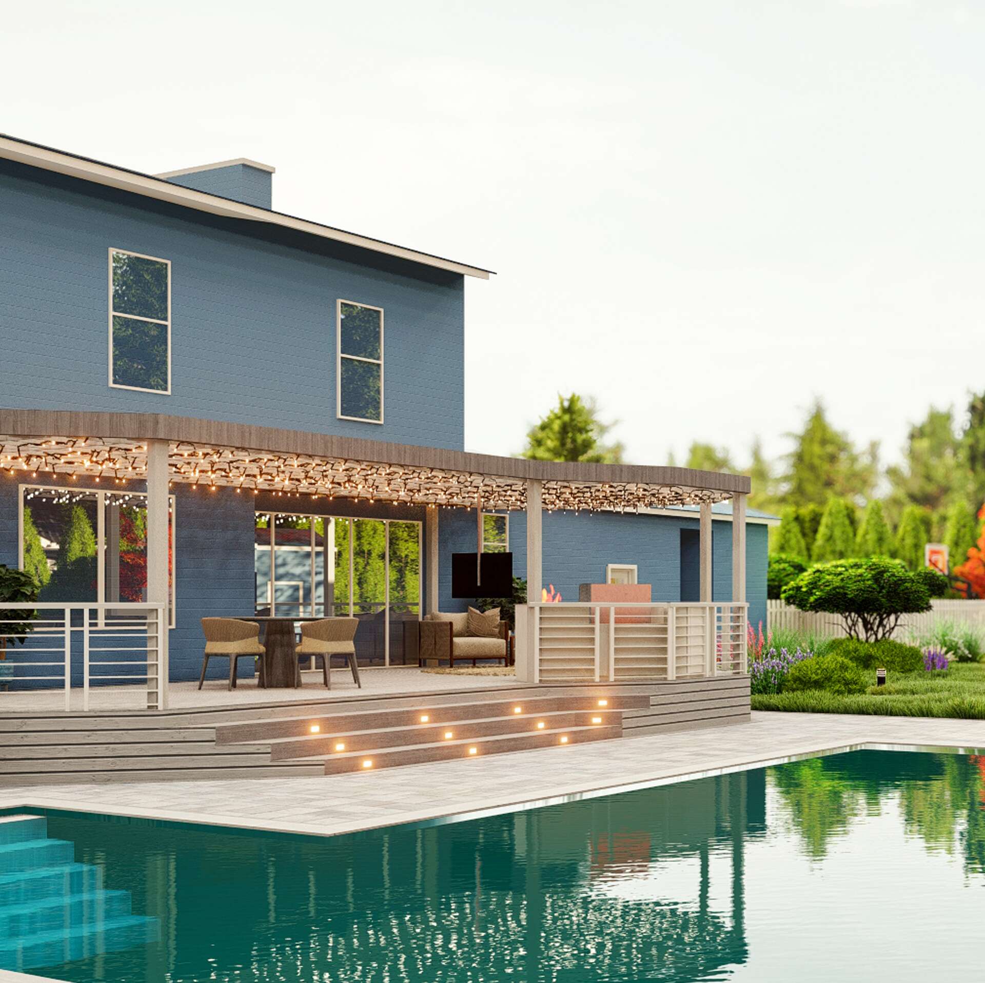 Modern backyard with a poolside deck and pergola designed by Homely Design using advanced satellite imagery and 3D software.