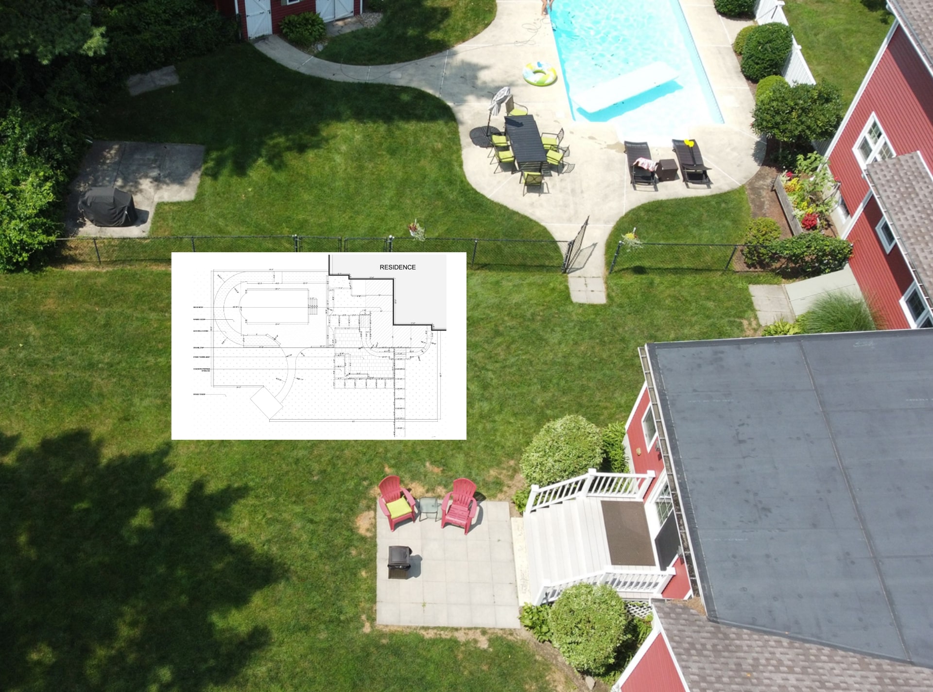 Aerial view of a residential property with an overlaid 2D plan indicating design layout