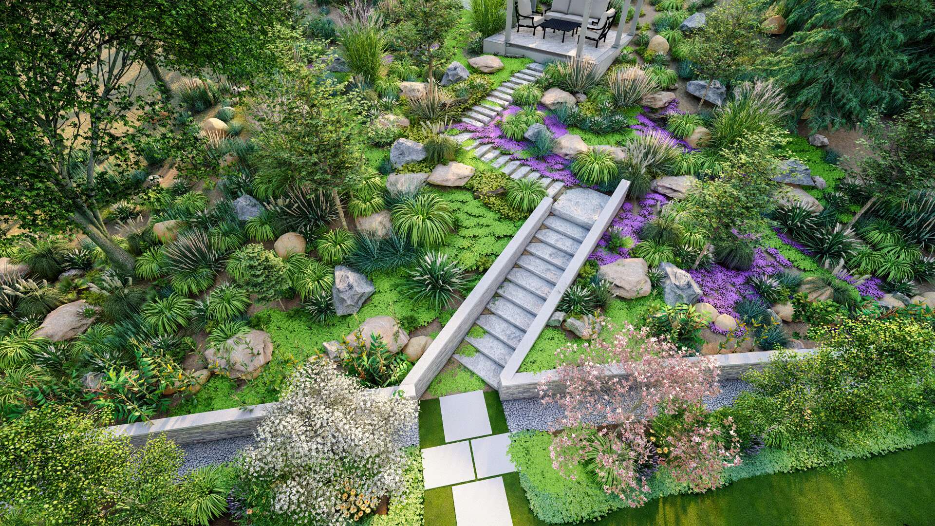 Aerial view of a lush backyard with diverse vegetation, stone pathways, and a modern gazebo amidst vibrant flowering plants