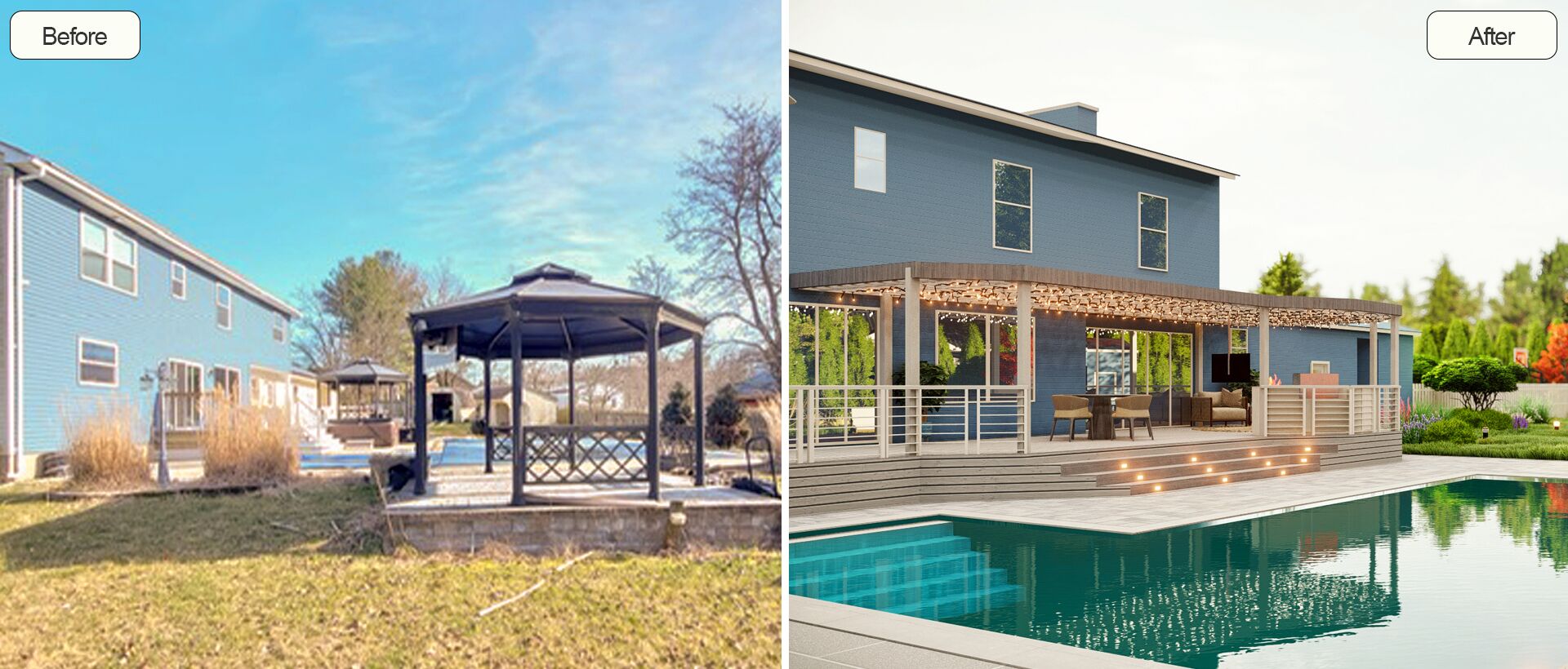 Before and after views of a backyard exterior transformation by Homely Design, from a simple lawn to a stylish patio with a pool.