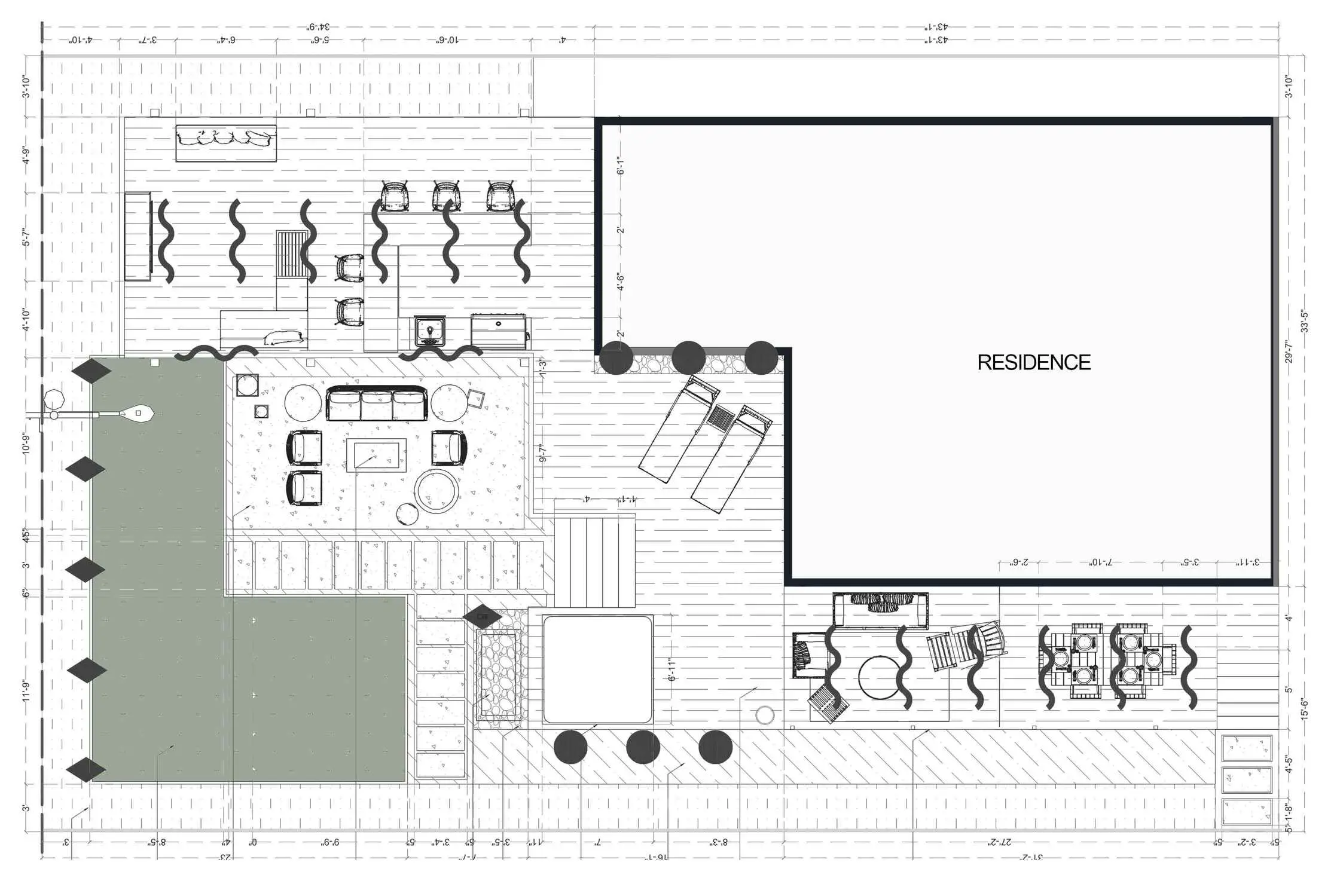 Landscape floor plan with outdoor living features and dimensions next to a residence