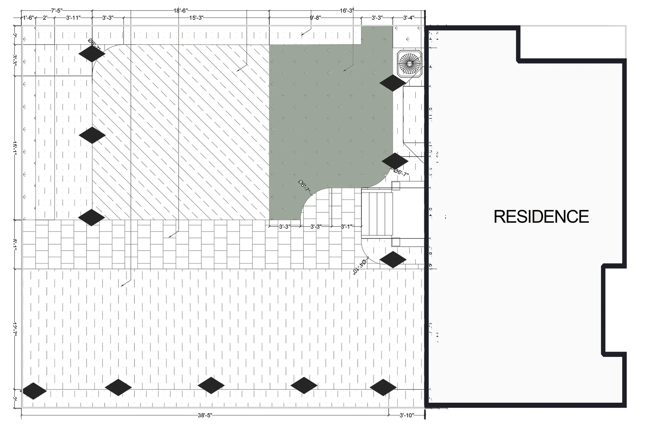 Architectural hardscape plan for residential outdoor space with measurements and design symbols.