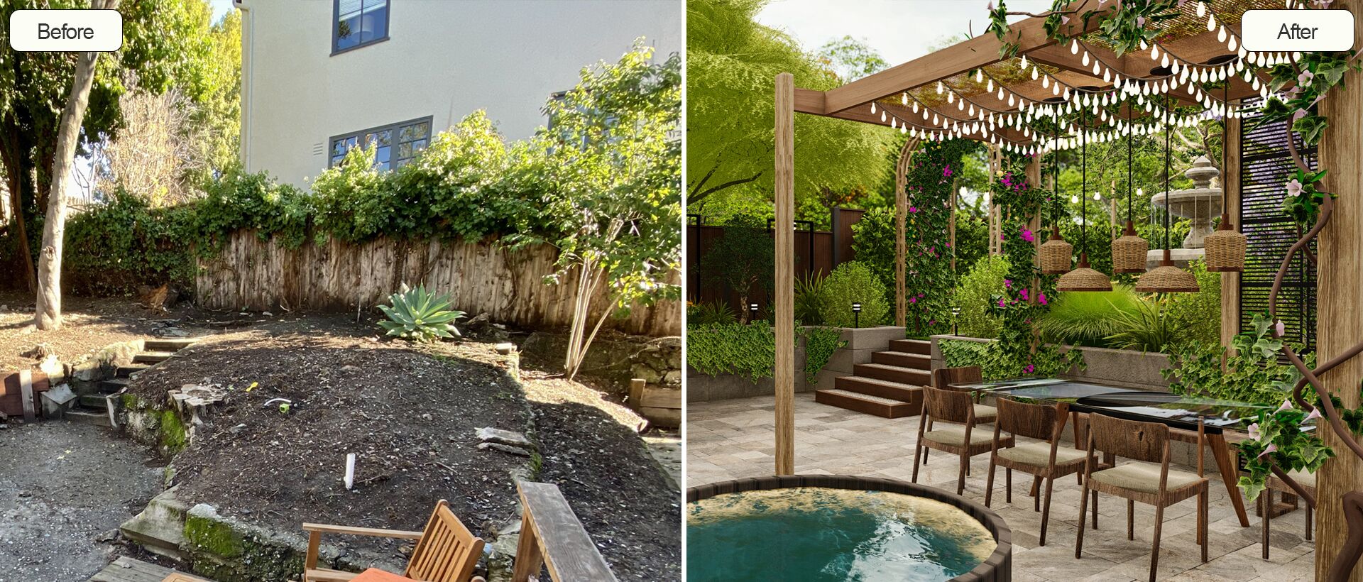 Before and after views of a backyard renovation, from barren to lush with a new pergola, hanging lights, dining area, and vibrant plants