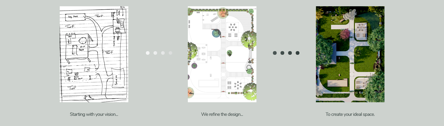 Evolution of a landscape design from initial sketch to detailed plan and finished garden space