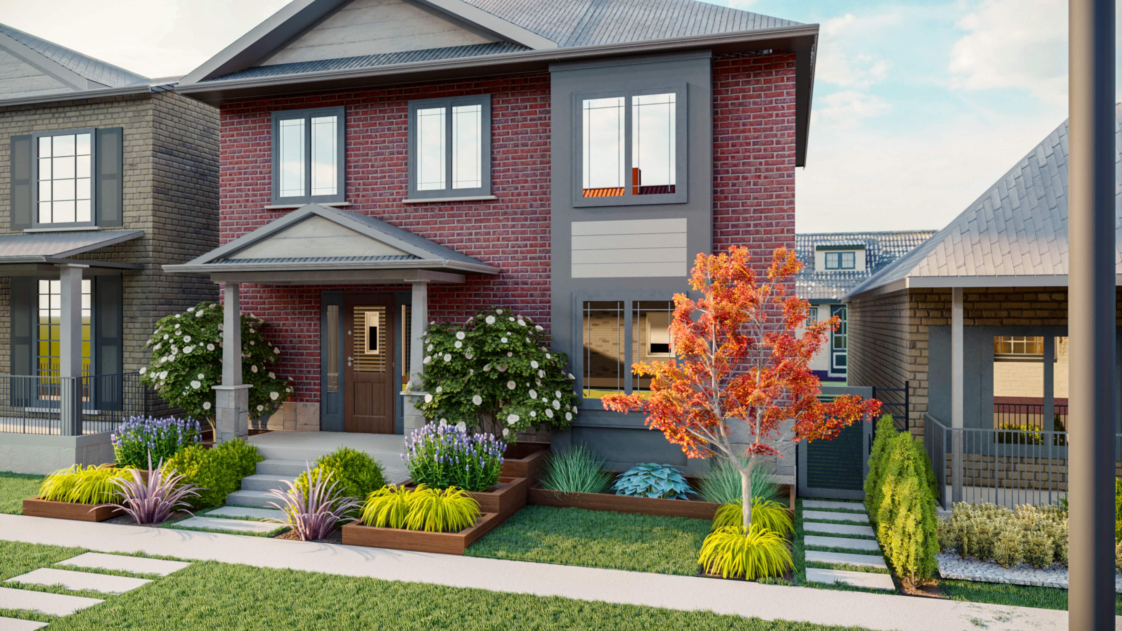 Homelydesign-3d-render-autumn-suburban-brick-home