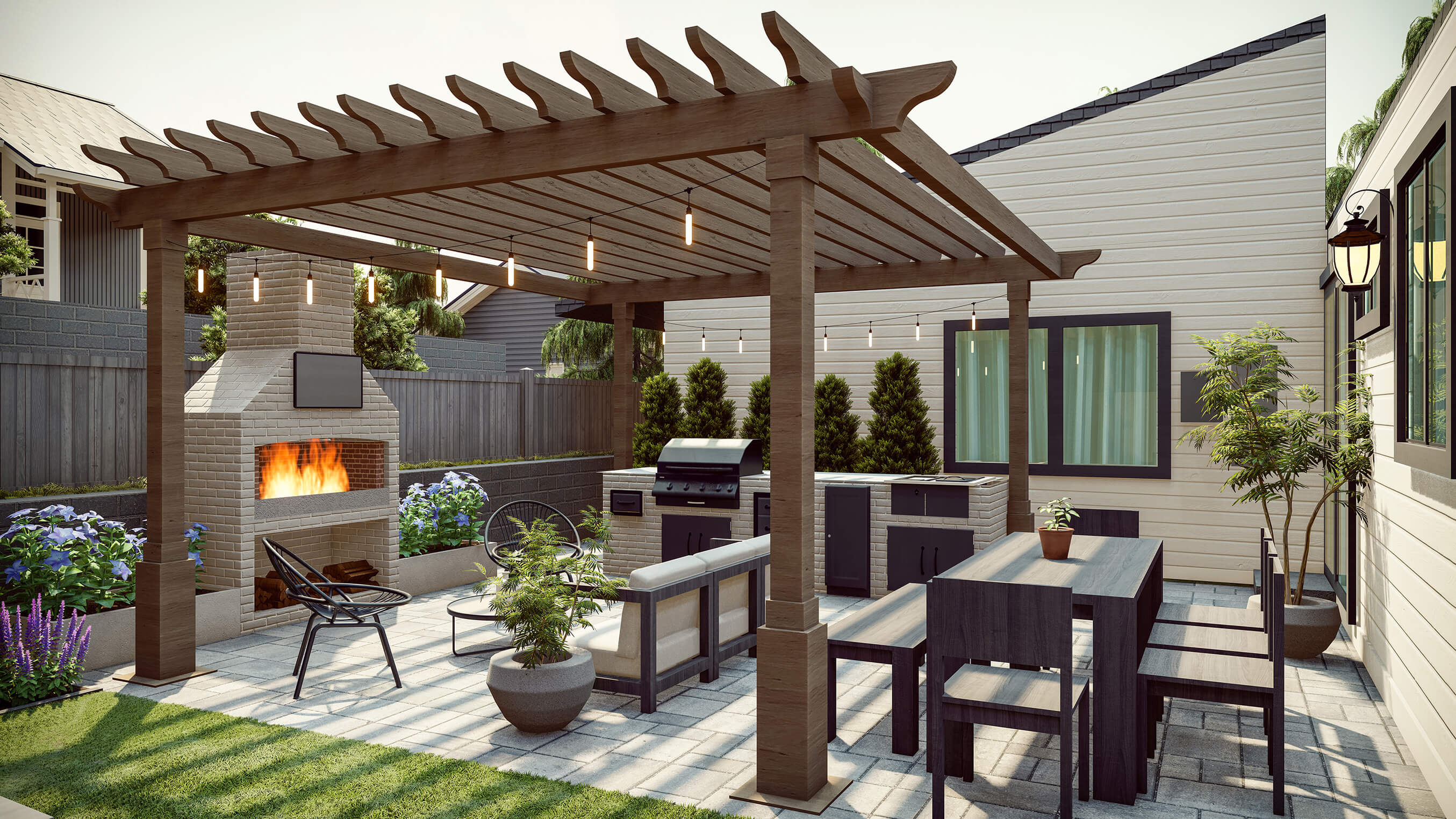 Suburban backyard with pergola and outdoor fireplace
