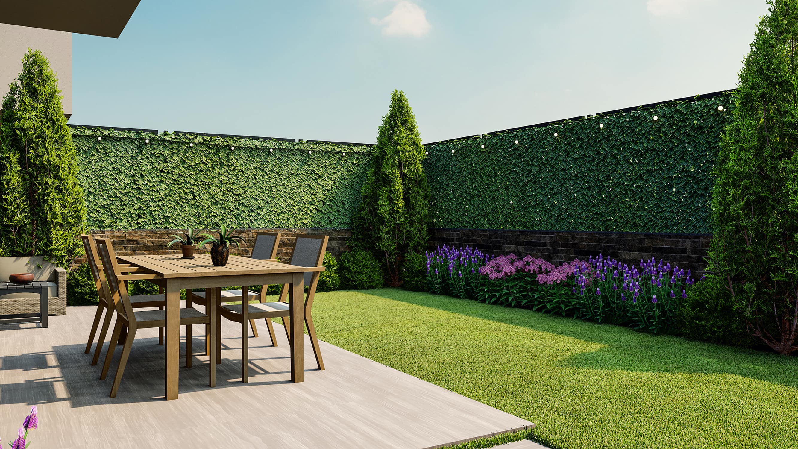 Homelydesign-3d-render-garden-patio-dining-privacy-hedges