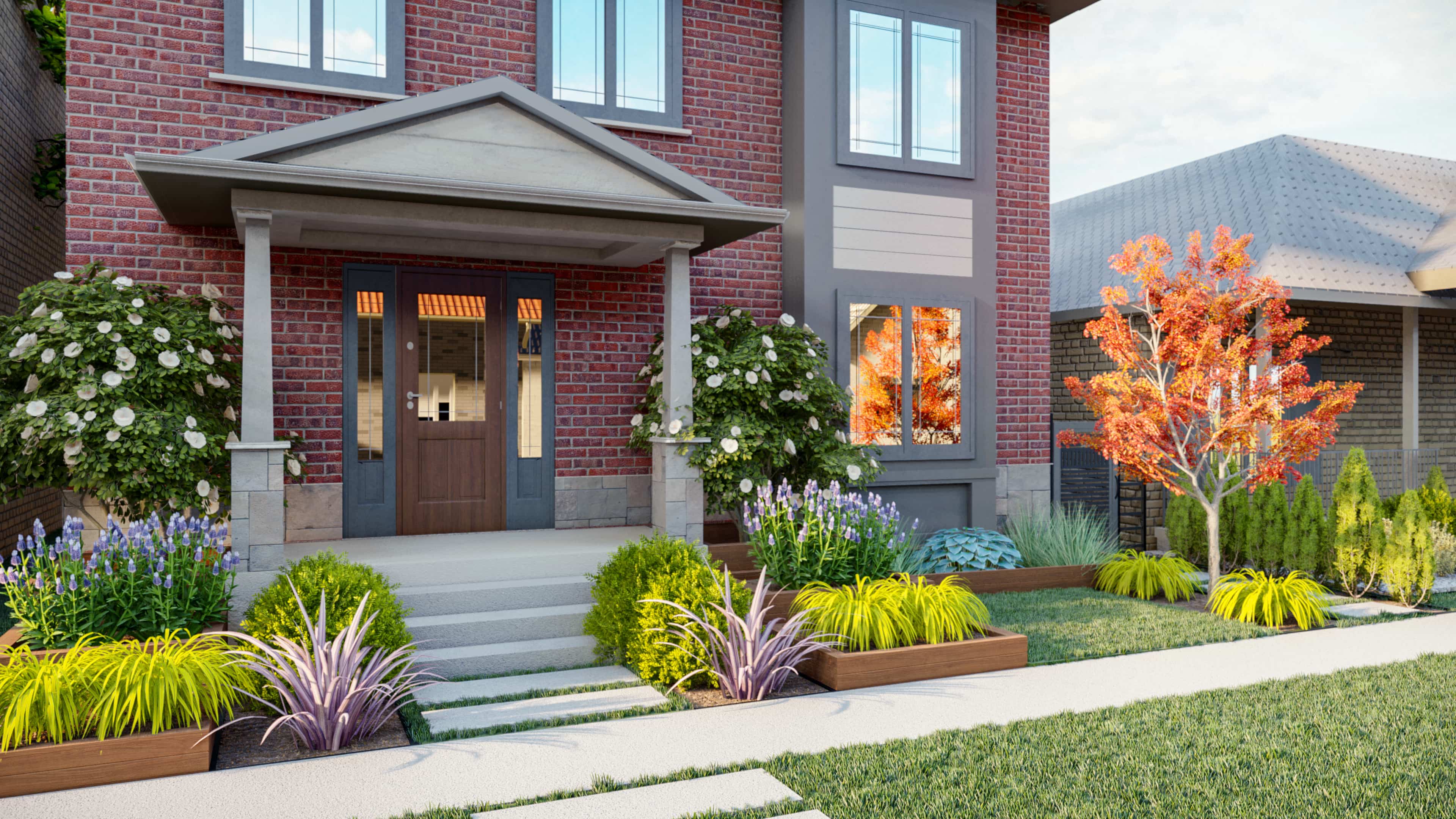 Homelydesign-3d-render-home-entrance-autumn-garden