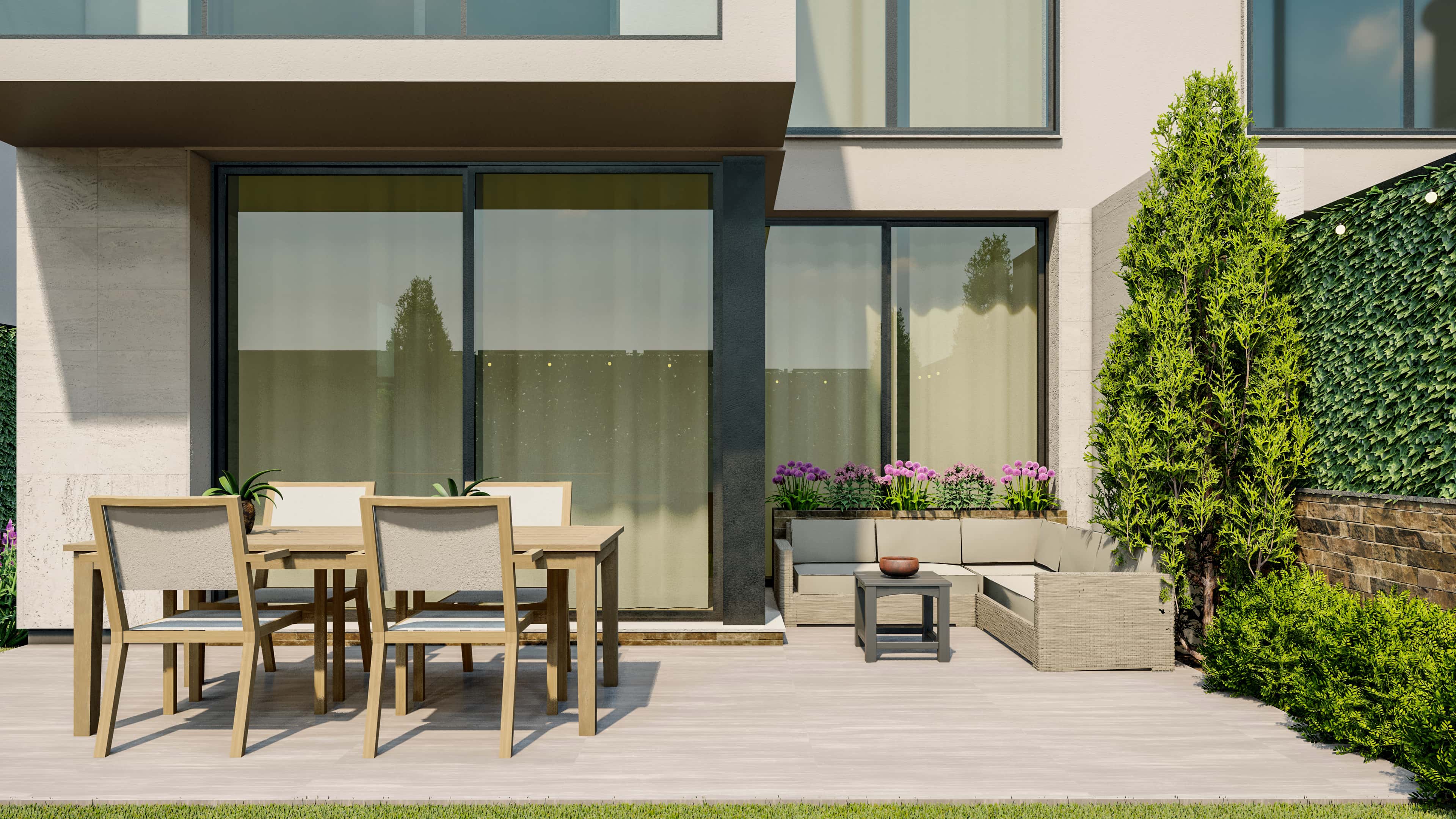 Modern minimalist patio with dining set and potted plants
