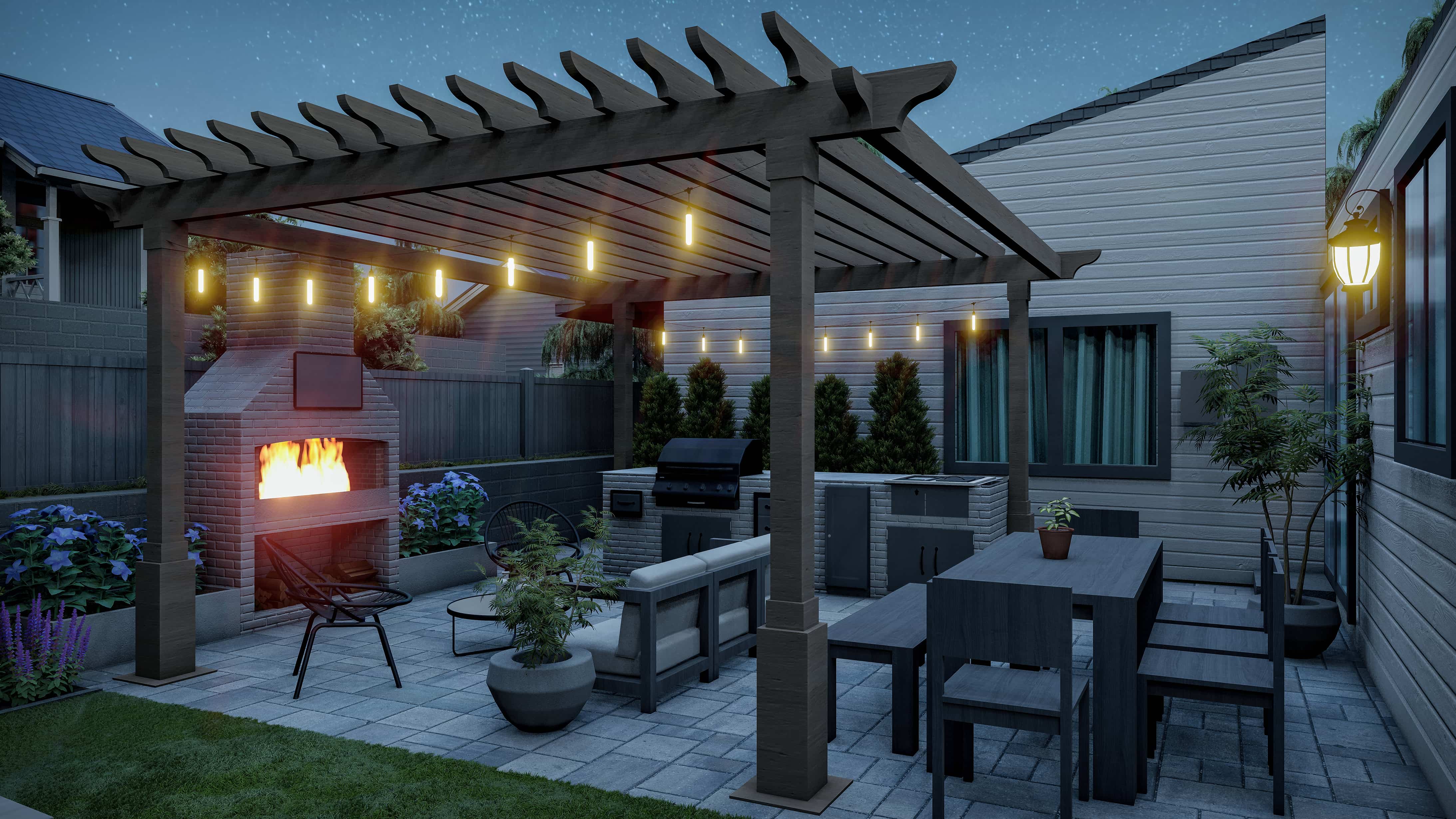 Homelydesign-3d-render-nighttime-backyard-fireplace-pergola