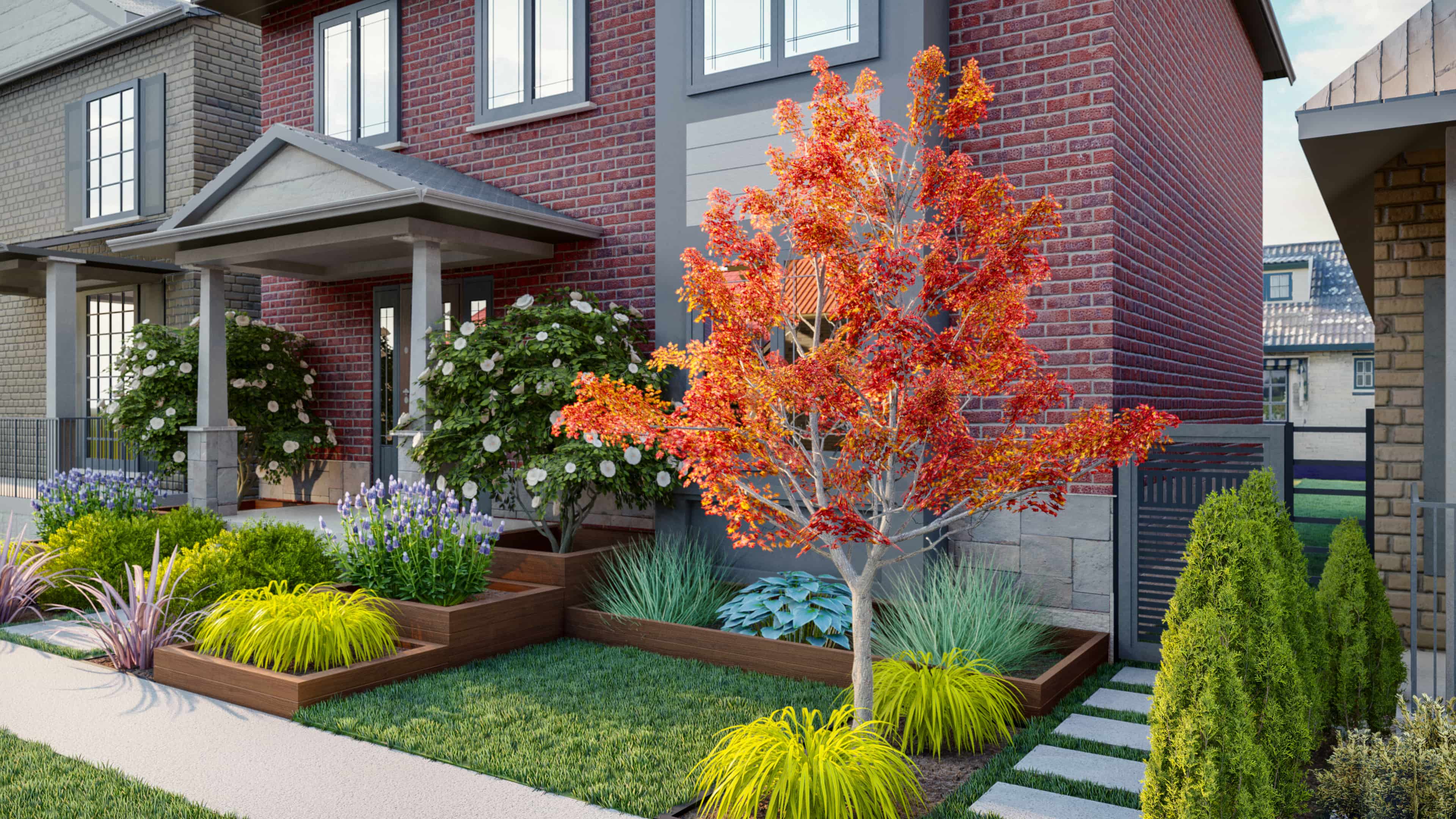Homelydesign-3d-render-suburban-brick-home-corner-view