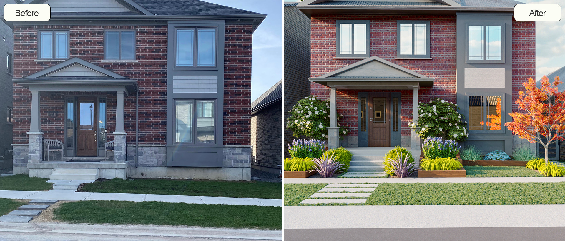 Comparison of a home's front exterior before and after landscaping, showcasing new planting beds with a variety of shrubs and perennials