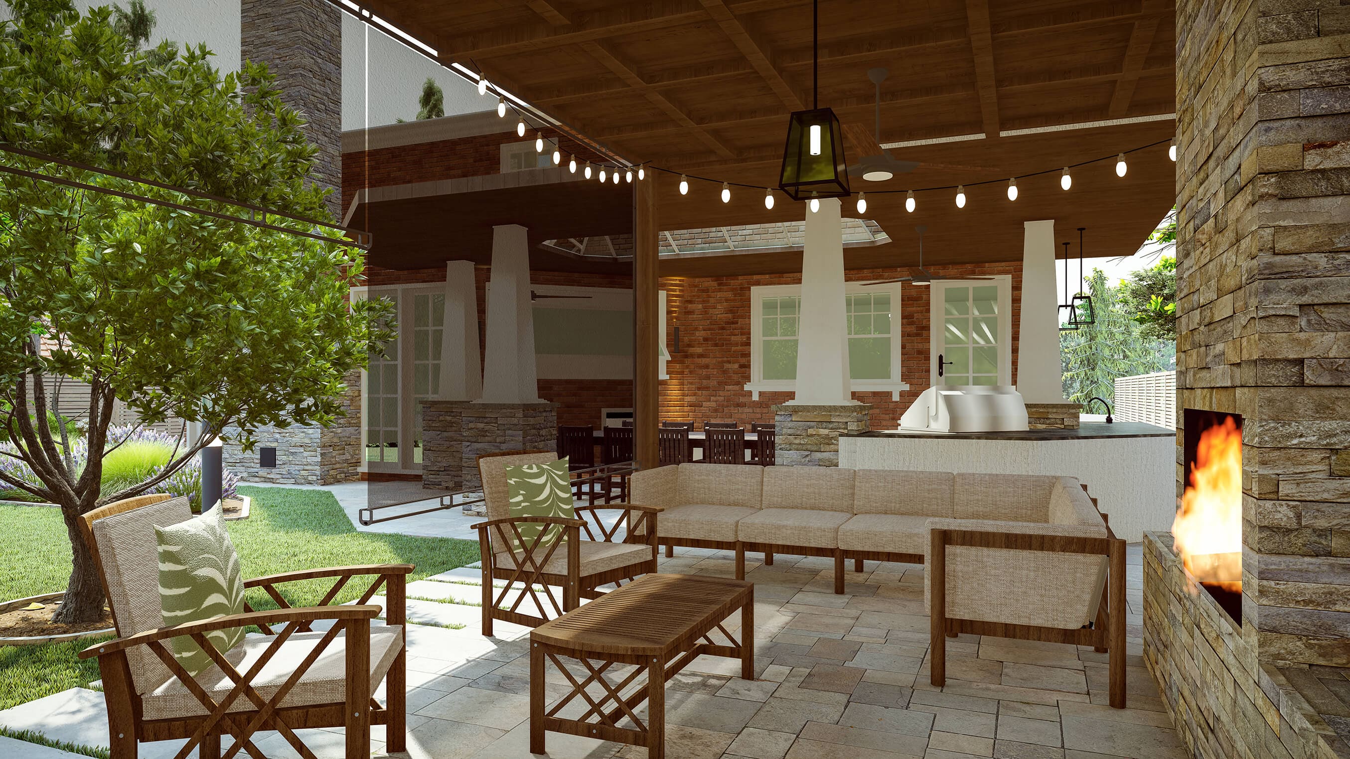 Homelydesign-backyard-lounge-fireplace-hanging-lights