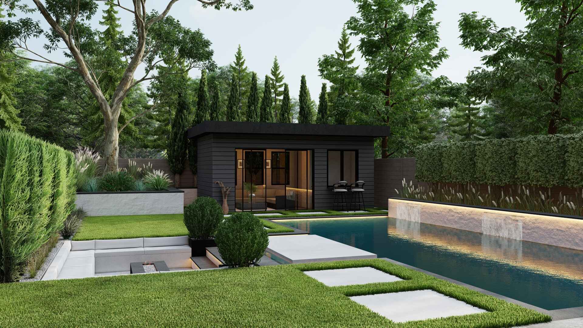 Backyard with black shed and pool surrounded by green space