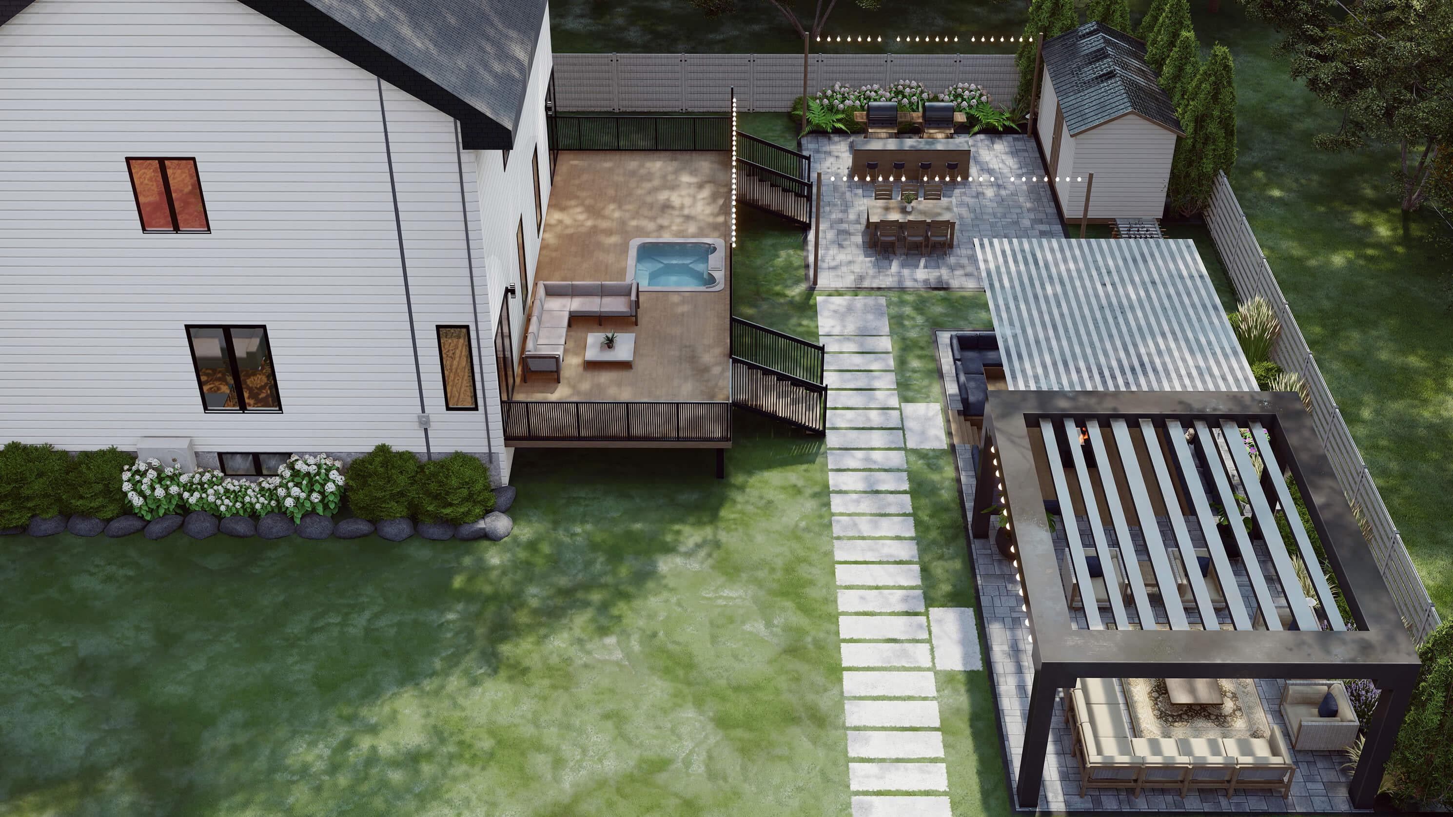 Homelydesign-bird's-eye-backyard-pergola-pool-outdoor-view