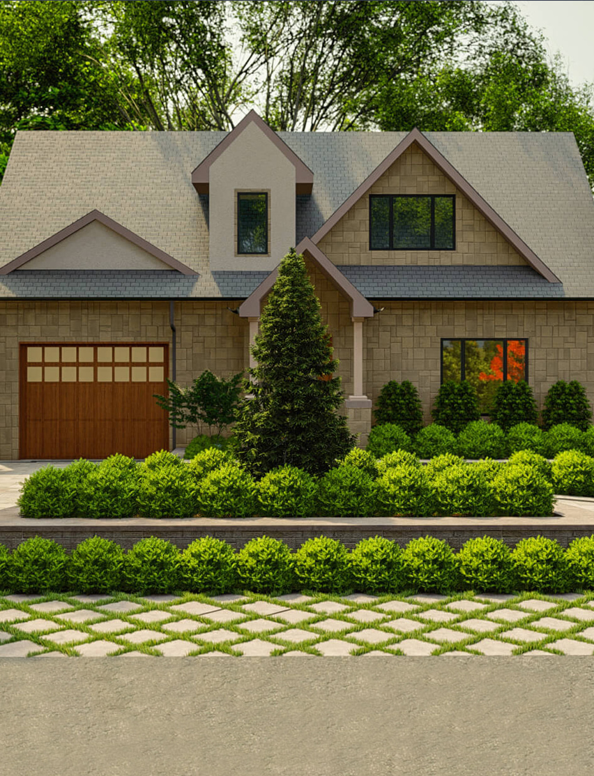 Elegant home with a wooden garage door, symmetrical shrubbery, and a patterned walkway.