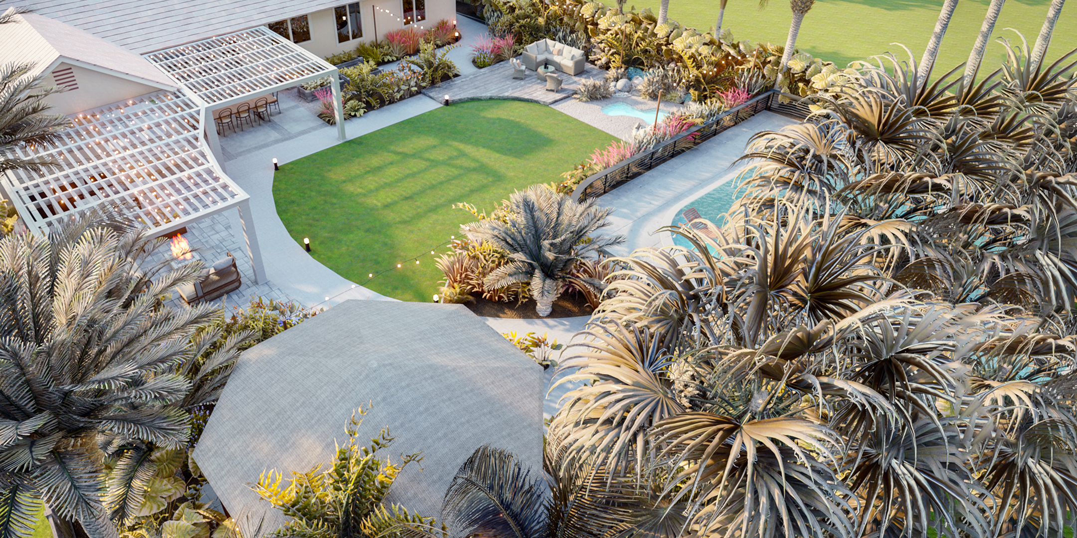 Homelydesign-luxury-backyard-pergola-tropical-plants