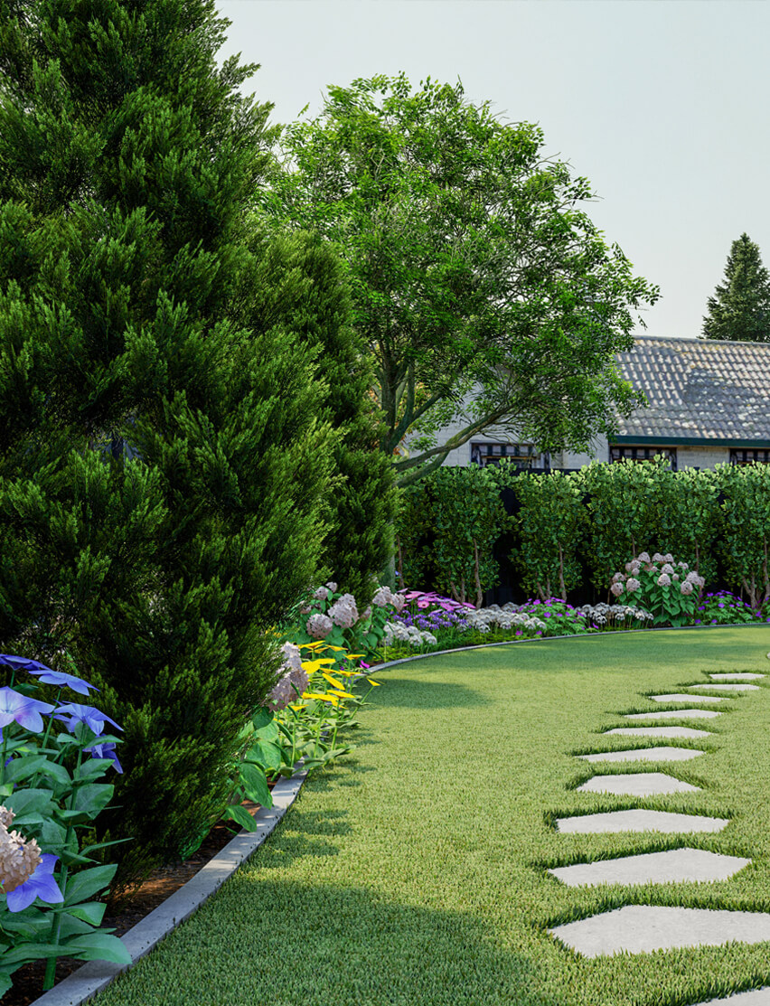 Verdant garden landscape featuring an array of plants including coniferous shrubs, hydrangeas, and morning glories alongside a neatly trimmed lawn.