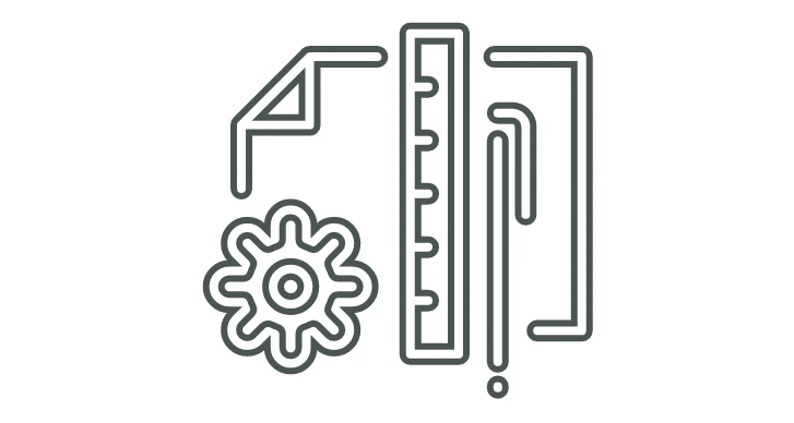 Line art icon of a ruler, set square, and gear