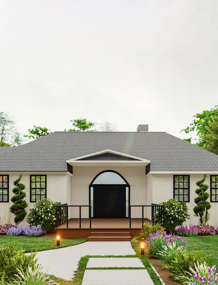 Elegant home entrance with a wooden porch, flanked by beautiful flowering plants, enhancing the house's curb appeal.