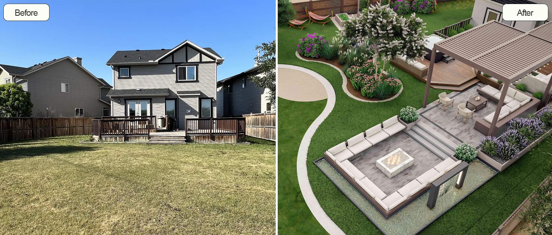 Full yard transformation showcasing a before and after view with a modern outdoor seating area, pergola, and vibrant landscaping, designed by Homely Design Experts.