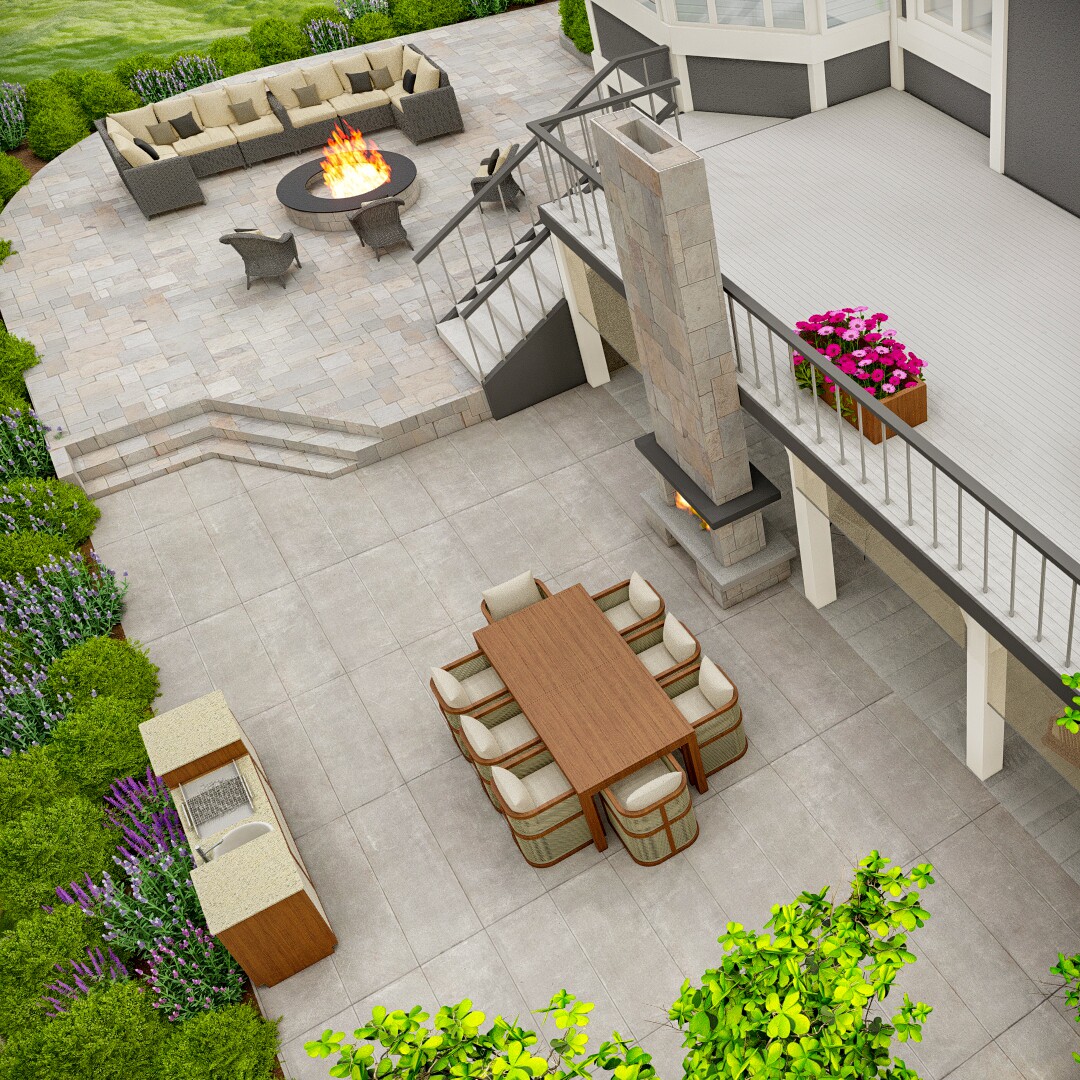 Overhead view of an elegant patio design with fire pit, outdoor dining set, and modern landscaping, crafted by Homely Design Experts.