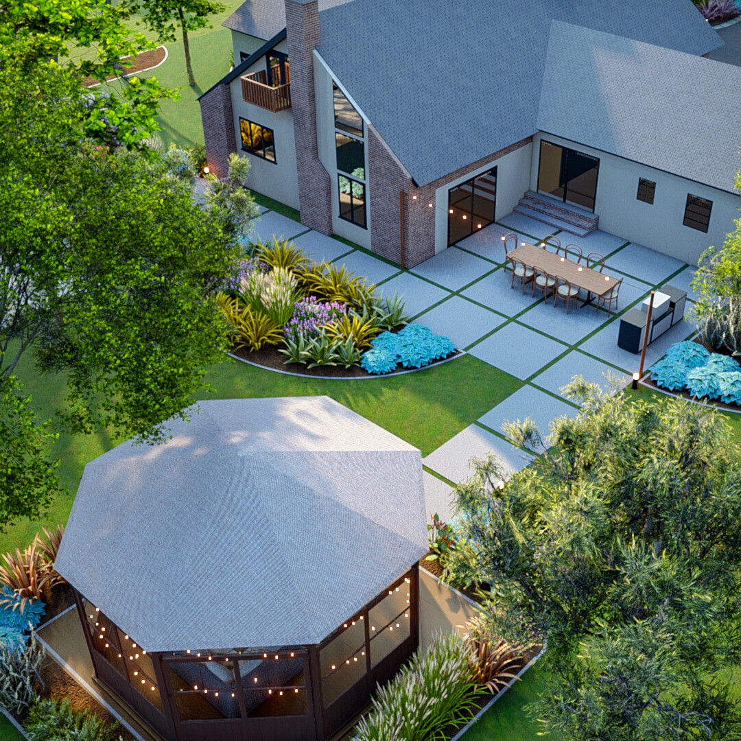 Aerial view of a beautifully landscaped backyard with lush gardens, a gazebo, and dining area, designed by Homely Design Experts.
