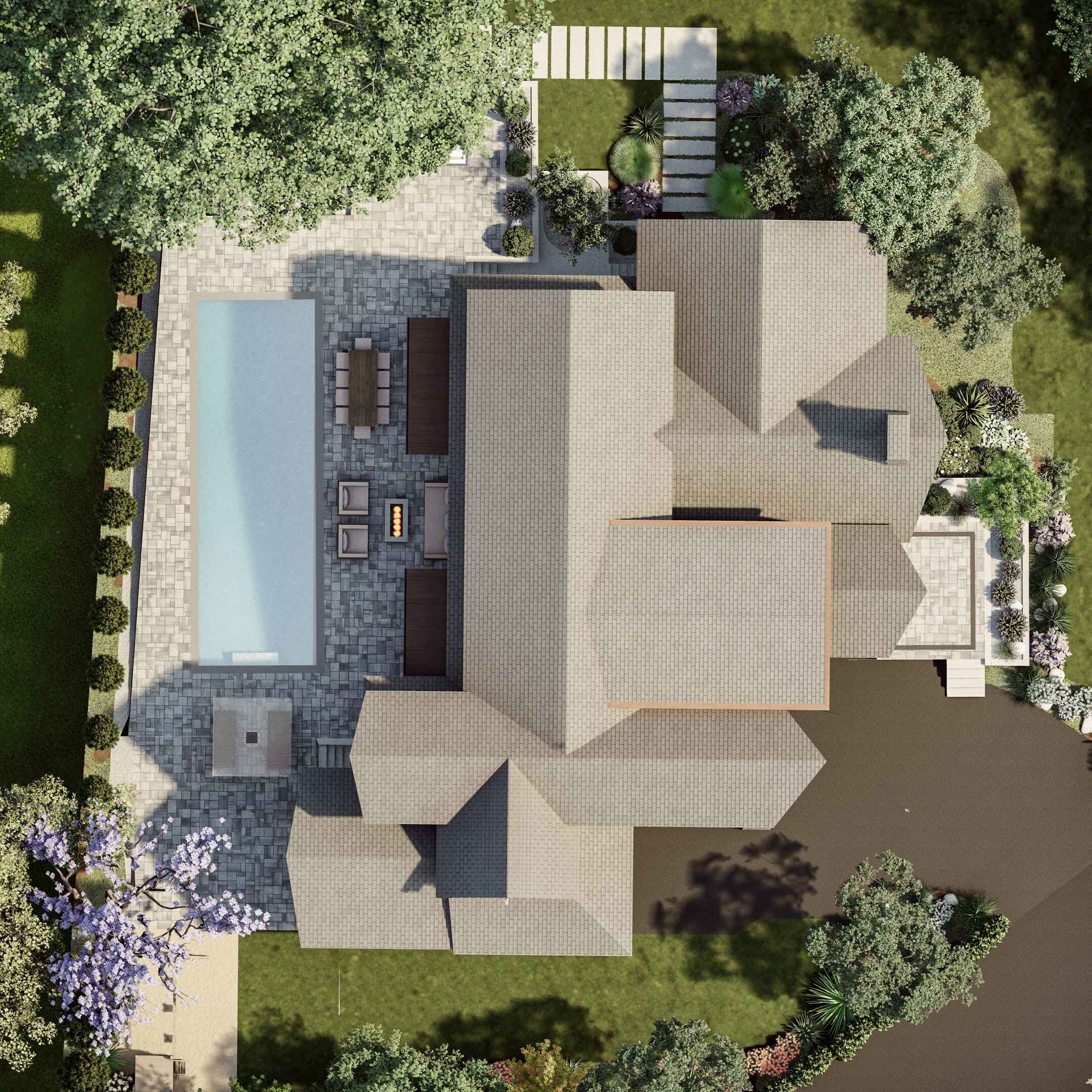 Overhead view of a full-yard landscape design featuring a swimming pool, paved patio, and lush garden areas, created by Homely Design Experts.