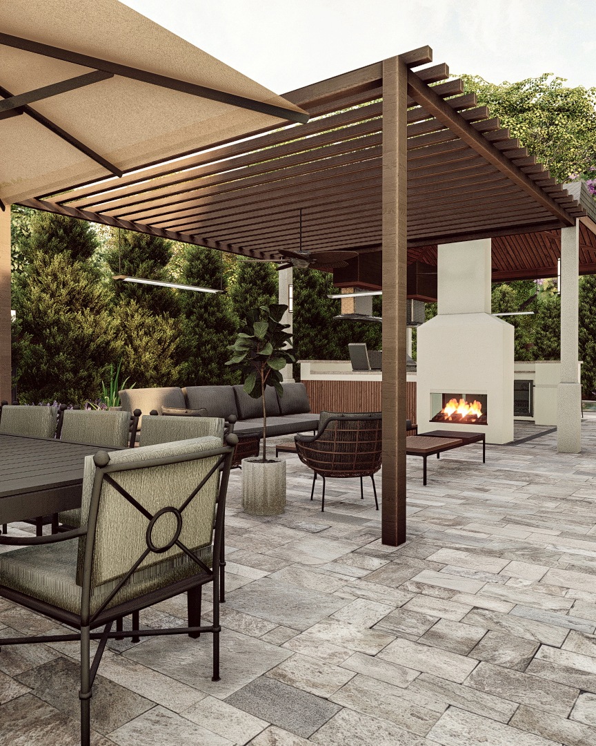 Elegant outdoor patio area with modern pergola, comfortable seating, and a cozy fireplace, designed by Homely Design Experts.