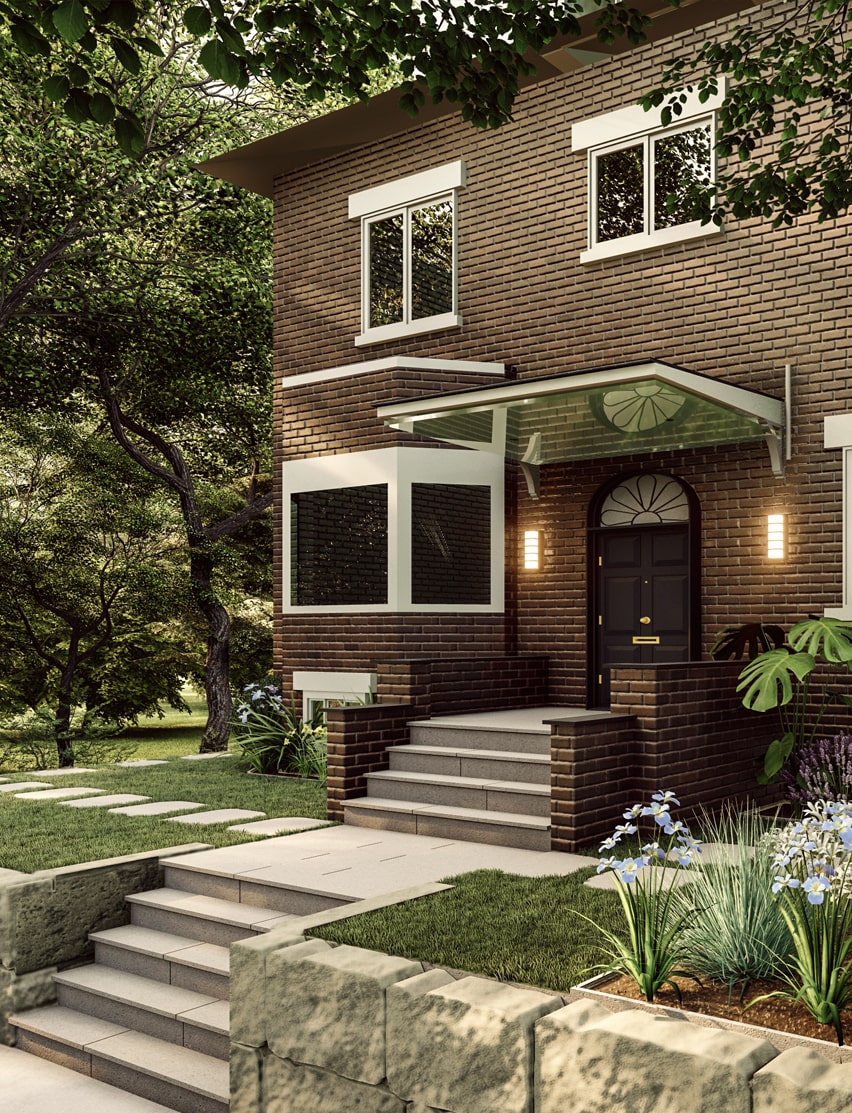Front yard designed by Homely Design featuring a stone pathway, decorative plants, and a cozy porch area.