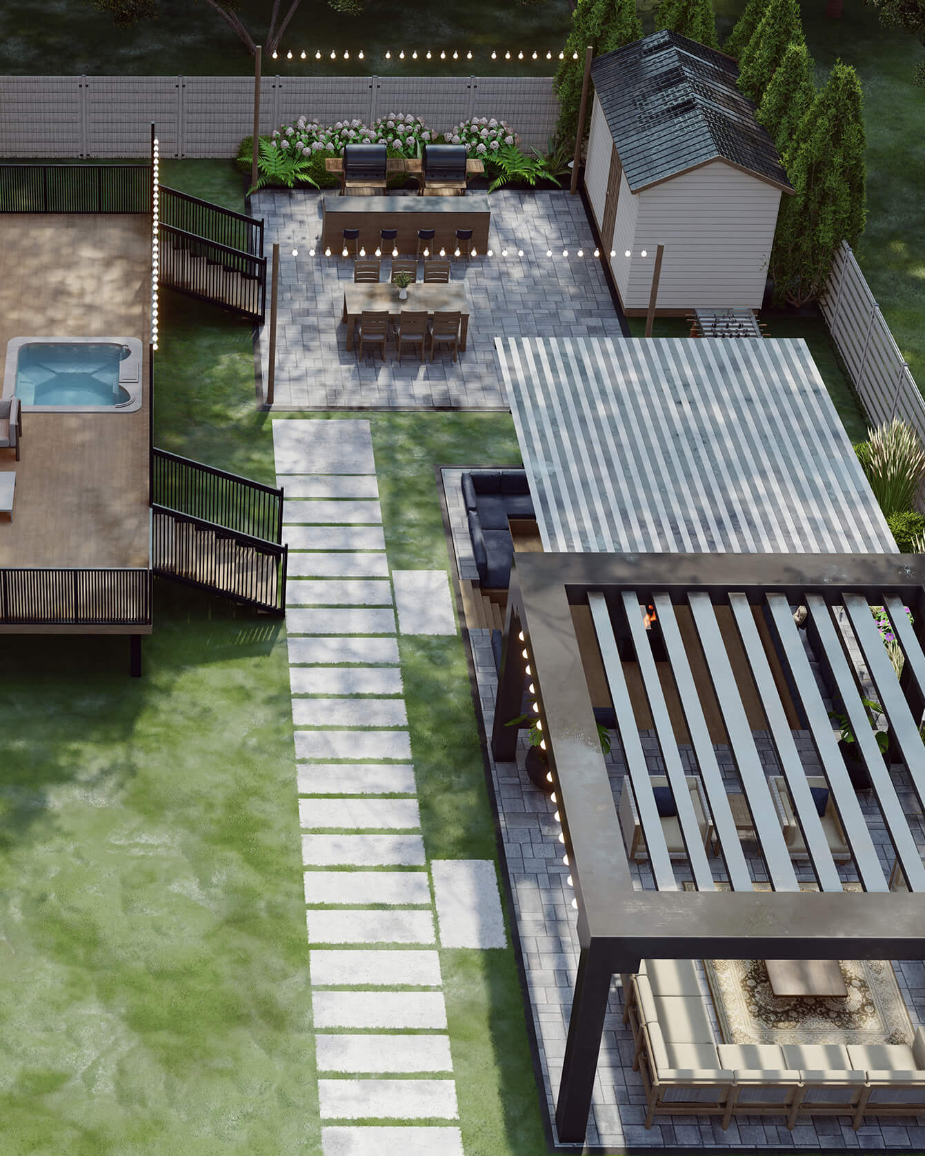 Overhead view of a structured backyard with tiled paths, an outdoor dining area, seating spaces, and surrounding greenery.