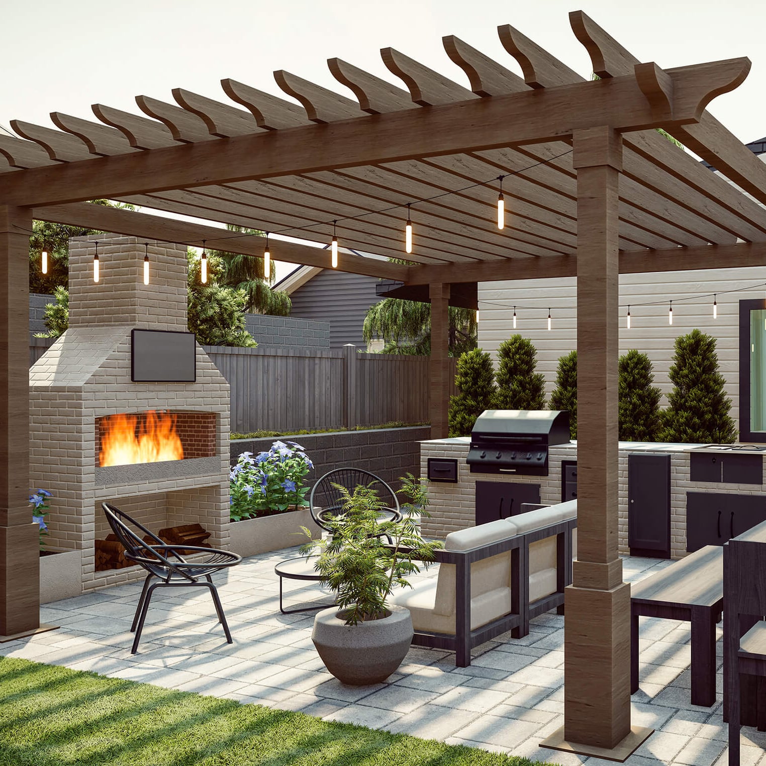 Inviting backyard patio with a pergola, outdoor kitchen, brick fireplace, and comfortable seating, illuminated by string lights.