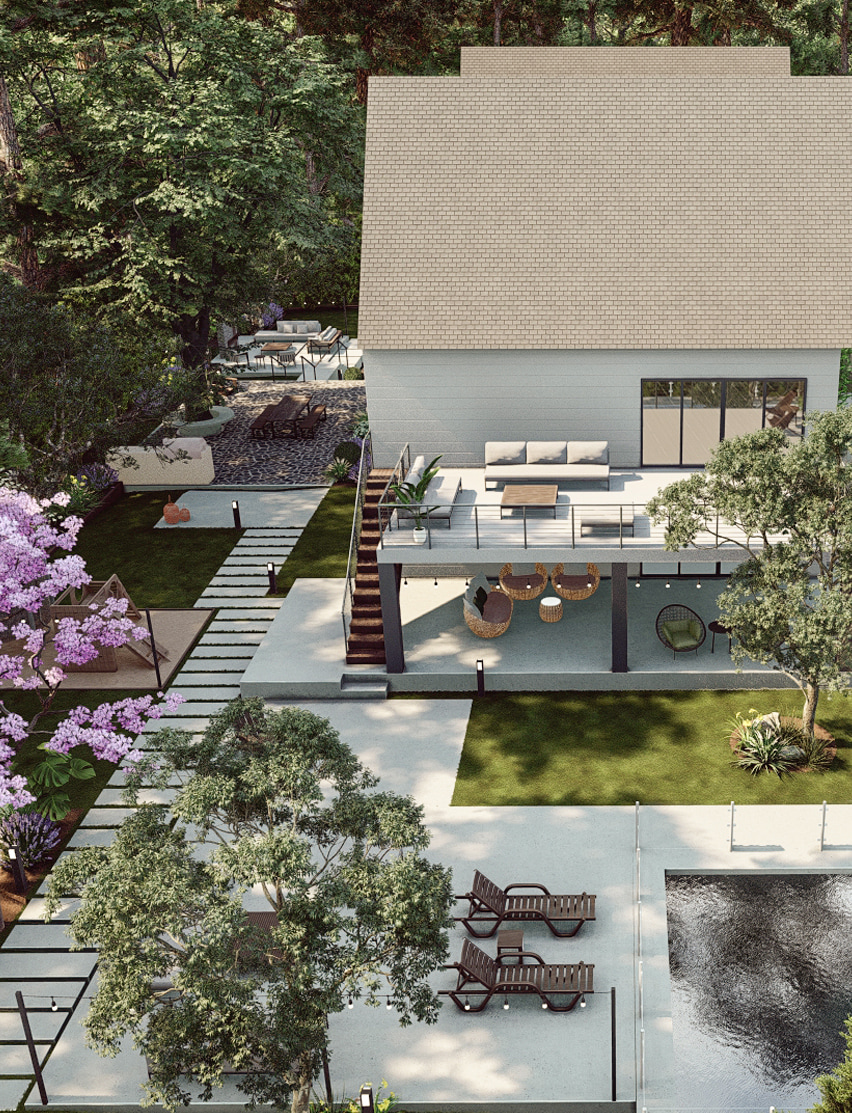 Aerial view of a well-designed backyard with landscaped areas, outdoor furniture, paved paths, and a variety of trees
