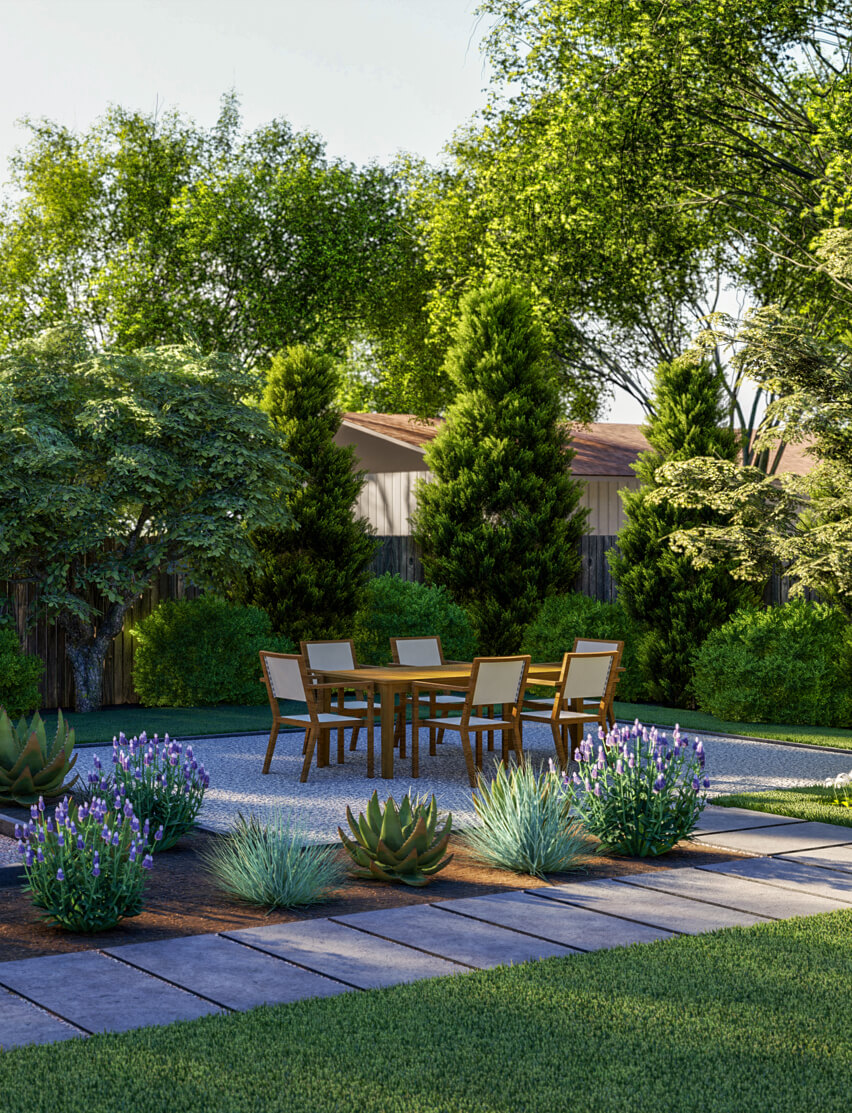 Outdoor garden patio surrounded by lush greenery, including tall conifers, agave plants, and blooming lavender, with a wooden dining set on the stone path.