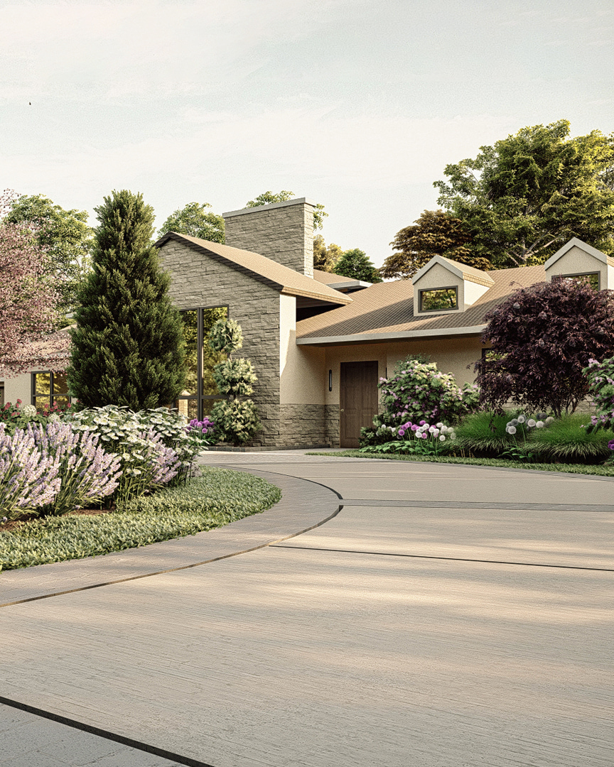 A luxurious home with a curved driveway and a vibrant front garden, curated by Homely Design experts with a mix of flowering shrubs and evergreens